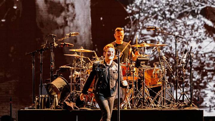 VANCOUVER, BC - MAY 12: (L-R) Bono and Larry Mullen Jr. of rock band U2 perform on stage during their 'The Joshua Tree World Tour' opener at BC Place on May 12, 2017 in Vancouver, Canada. (Photo by Andrew Chin/Getty Images)