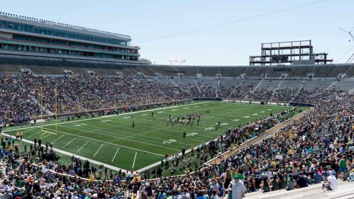 Apr 16, 2016; South Bend, IN, USA; A general view of Notre Dame Stadium during the first quarter of the Blue-Gold Game. The Blue team defeated the Gold team 17-7. Notre Dame Stadium is in the middle of a two year project to build classroom and student center space as well as media families and premium seating. Mandatory Credit: Matt Cashore-USA TODAY Sports
