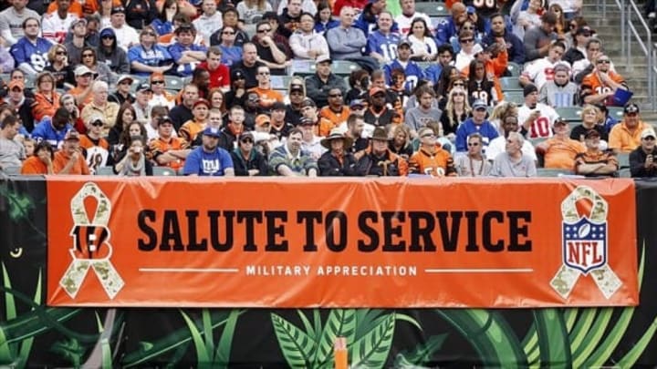 Nov 11, 2012; Cincinnati, OH, USA; A general view of a sign for veterans day at the Cincinnati Bengals game against the New York Giants at Paul Brown Stadium. The Bengals defeated the Giants 31-13. Mandatory Credit: Frank Victores-USA TODAY Sports