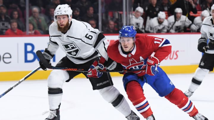 MONTREAL, QC - OCTOBER 11: Jake Muzzin #6 of the Los Angeles Kings tries to slow down Brendan Gallagher #11 of the Montreal Canadiens in the NHL game at the Bell Centre on October 11, 2018 in Montreal, Quebec, Canada. (Photo by Francois Lacasse/NHLI via Getty Images)