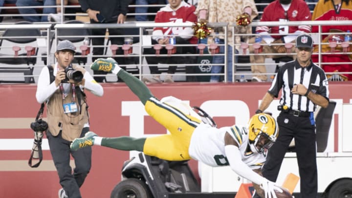 August 12, 2022; Santa Clara, California, USA; Green Bay Packers wide receiver Amari Rodgers (8) scores a touchdown against the San Francisco 49ers during the fourth quarter at Levi's Stadium. Mandatory Credit: Kyle Terada-USA TODAY Sports