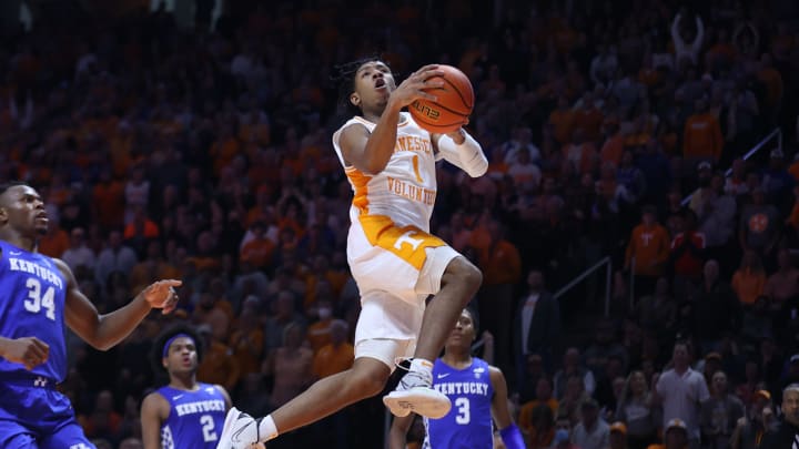 Feb 15, 2022; Knoxville, Tennessee, USA; Tennessee Volunteers guard Kennedy Chandler (1) goes to the basket against the Kentucky Wildcats during the first half at Thompson-Boling Arena. Mandatory Credit: Randy Sartin-USA TODAY Sports