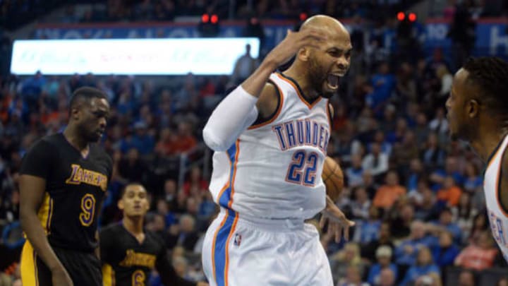 Feb 24, 2017; Oklahoma City, OK, USA; Oklahoma City Thunder forward Taj Gibson (22) reacts after dunking the ball against the Los Angeles Lakers during the fourth quarter at Chesapeake Energy Arena. Mandatory Credit: Mark D. Smith-USA TODAY Sports