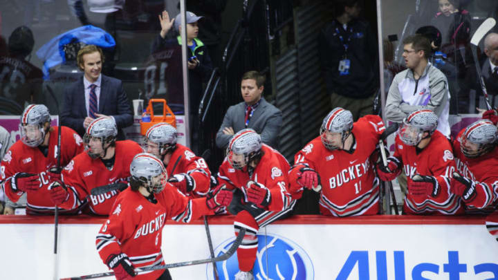ST PAUL, MN - MARCH 22: The Ohio State Buckeyes celebrate a goal during the Big Ten Men's Ice Hockey Championship game against the Wisconsin Badgers on March 22, 2014 at Xcel Energy Center in St Paul, Minnesota. (Photo by Hannah Foslien/Getty Images)