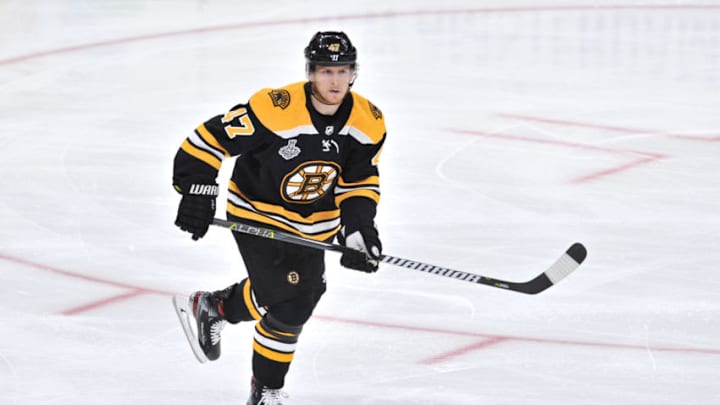 BOSTON, MA - MAY 27: Boston Bruins defenseman Torey Krug (47) looks for a pass from a teammate. During Game 1 of the Stanley Cup Finals featuring the Boston Bruins against the St. Louis Blues on May 27, 2019 at TD Garden in Boston, MA. (Photo by Michael Tureski/Icon Sportswire via Getty Images)
