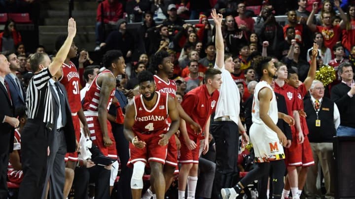 Jan 10, 2017; College Park, MD, USA; Indiana Hoosiers guard Robert Johnson (4) reacts after missing a potential game timing shot as time expires in second half against the Maryland Terrapins at Xfinity Center. Maryland Terrapins defeated Indiana Hoosiers 75-72. Mandatory Credit: Tommy Gilligan-USA TODAY Sports