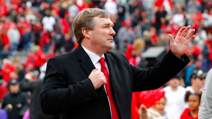 ATHENS, GA - JANUARY 15: Head coach Kirby Smart of the Georgia Bulldogs waves to fans following the celebration honoring the Georgia Bulldogs national championship victory on January 15, 2022 in Athens, Georgia. (Photo by Todd Kirkland/Getty Images)