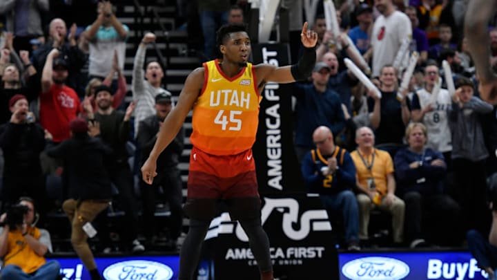 SALT LAKE CITY, UT - NOVEMBER 21: Donovan Mitchell #45 of the Utah Jazz gestures on court in a NBA game against the Sacramento Kings at Vivint Smart Home Arena on November 21, 2018 in Salt Lake City, Utah. NOTE TO USER: User expressly acknowledges and agrees that, by downloading and or using this photograph, User is consenting to the terms and conditions of the Getty Images License Agreement. (Photo by Gene Sweeney Jr./Getty Images)