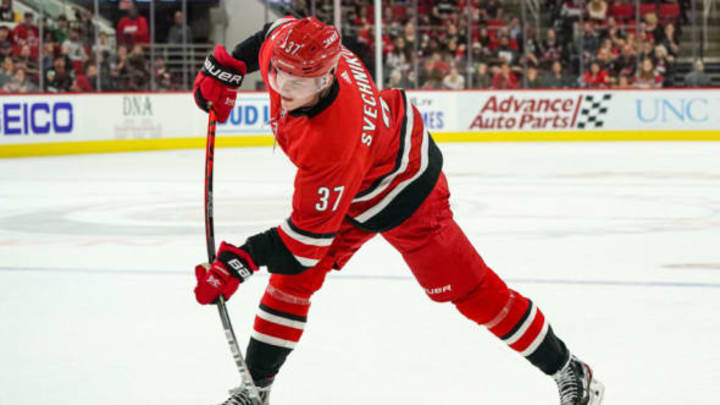 RALEIGH, NC – SEPTEMBER 29: Carolina Hurricanes right wing Andrei Svechnikov (37) shoots the puck on net during an NHL Preseason game between the Washington Capitals and the Carolina Hurricanes on September 29, 2019 at the PNC Arena in Raleigh, NC. (Photo by Greg Thompson/Icon Sportswire via Getty Images)