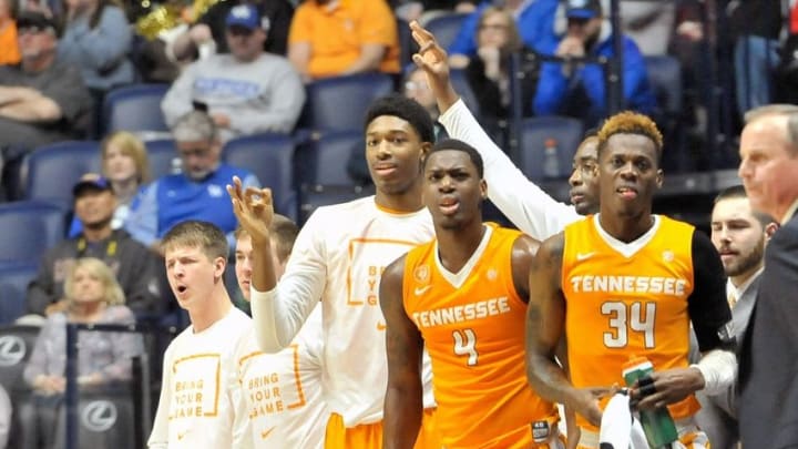 Mar 10, 2016; Nashville, TN, USA; Tennessee Volunteers bench reacts during the first half of the third game of the SEC tournament against the Vanderbilt Commodores at Bridgestone Arena. Mandatory Credit: Jim Brown-USA TODAY Sports