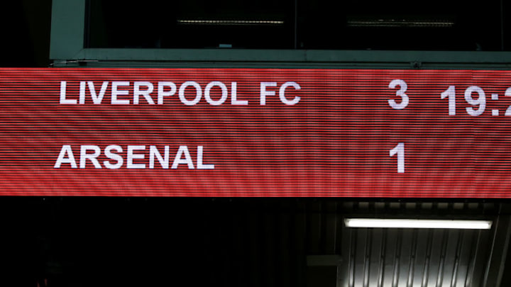 A general view of the scoreboard reading Liverpool 3 - Arsenal 1 at full-time during the Premier League match at Anfield, Liverpool. (Photo by Peter Byrne/PA Images via Getty Images)