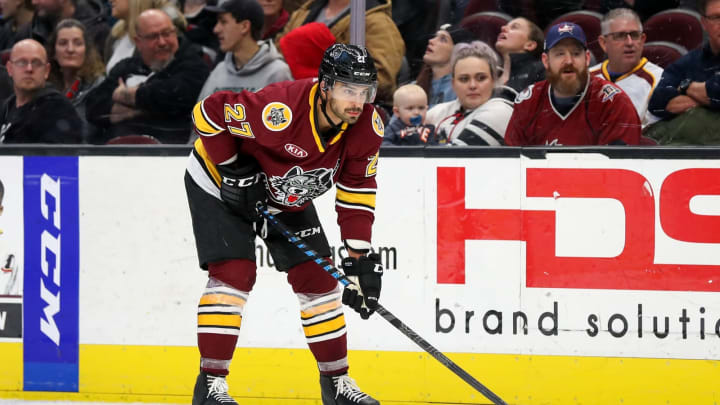 CLEVELAND, OH – NOVEMBER 22: Chicago Wolves center Brandon Pirri (27) on the ice during the third period of the American Hockey League game between the Chicago Wolves and Cleveland Monsters on November 22,2019, at Rocket Mortgage FieldHouse in Cleveland, OH.(Photo by Frank Jansky/Icon Sportswire via Getty Images)
