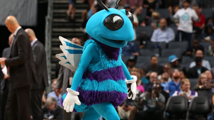 CHARLOTTE, NC - NOVEMBER 1: Hugo the Hornet of the Charlotte Hornets in the game agains the Milwaukee Bucks on November 1, 2017 at Spectrum Center in Charlotte, North Carolina. NOTE TO USER: User expressly acknowledges and agrees that, by downloading and or using this photograph, User is consenting to the terms and conditions of the Getty Images License Agreement. Mandatory Copyright Notice: Copyright 2017 NBAE (Photo by Kent Smith/NBAE via Getty Images)