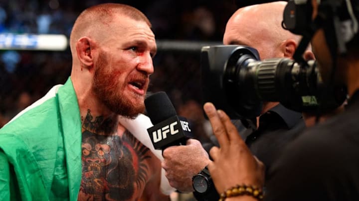 LAS VEGAS, NV - AUGUST 20: Conor McGregor of Ireland is interviewed after defeating Nate Diaz in their welterweight bout during the UFC 202 event at T-Mobile Arena on August 20, 2016 in Las Vegas, Nevada. (Photo by Josh Hedges/Zuffa LLC/Zuffa LLC via Getty Images)
