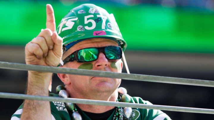 EAST RUTHERFORD, NJ - SEPTEMBER 24: A Jets fan routing for his team during the first half of a regular season NFL game between the Miami Dolphins and the New York Jets on September 24, 2017, at MetLife Stadium in East Rutherford, NJ. (Photo by David Hahn/Icon Sportswire via Getty Images)