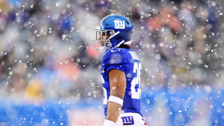 EAST RUTHERFORD, NEW JERSEY - DECEMBER 01: Saquon Barkley #26 of the New York Giants during the first half of their game against the Green Bay Packers at MetLife Stadium on December 01, 2019 in East Rutherford, New Jersey. (Photo by Emilee Chinn/Getty Images)