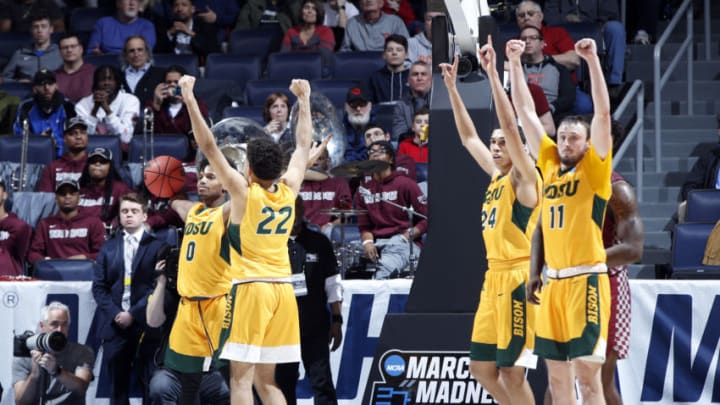 DAYTON, OHIO - MARCH 20: The North Dakota State Bison celebrate defeating the North Carolina Central Eagles 78-74 in the First Four of the 2019 NCAA Men's Basketball Tournament at UD Arena on March 20, 2019 in Dayton, Ohio. (Photo by Joe Robbins/Getty Images)