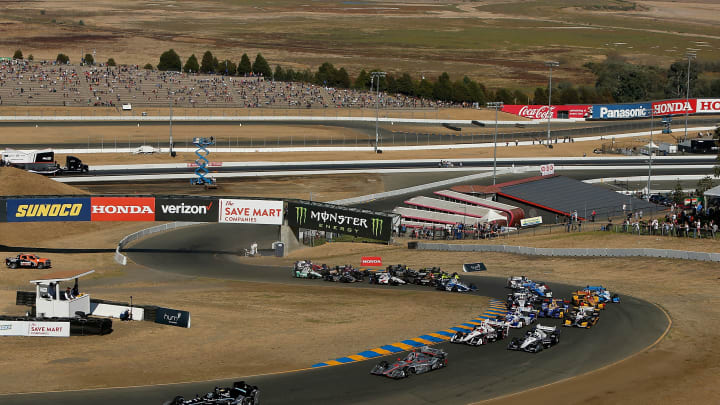 SONOMA, CA – SEPTEMBER 17: Drivers race on the first lap of the GoPro Grand Prix of Sonoma at Sonoma Raceway on September 17, 2017 in Sonoma, California. (Photo by Lachlan Cunningham/Getty Images)