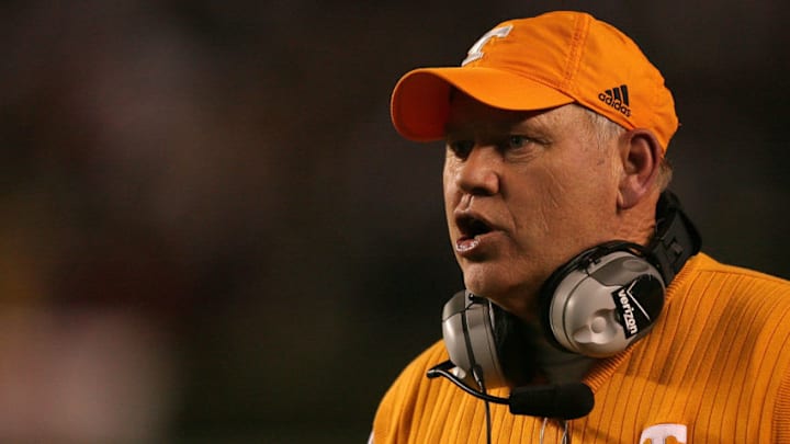 COLUMBIA, SC - NOVEMBER 01: Head coach Phillip Fulmer of the Tennessee Volunteers watches on from the sidelines against the South Carolina Gamecocks during their game at Williams-Brice Stadium on November 1, 2008 in Columbia, South Carolina. (Photo by Streeter Lecka/Getty Images)