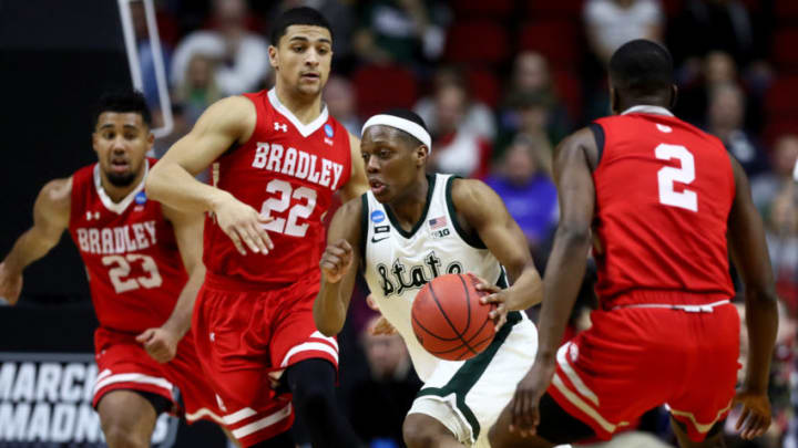 DES MOINES, IOWA - MARCH 21: Cassius Winston #5 of the Michigan State Spartans drives with the ball against the Bradley Braves during their game in the First Round of the NCAA Basketball Tournament at Wells Fargo Arena on March 21, 2019 in Des Moines, Iowa. (Photo by Jamie Squire/Getty Images)