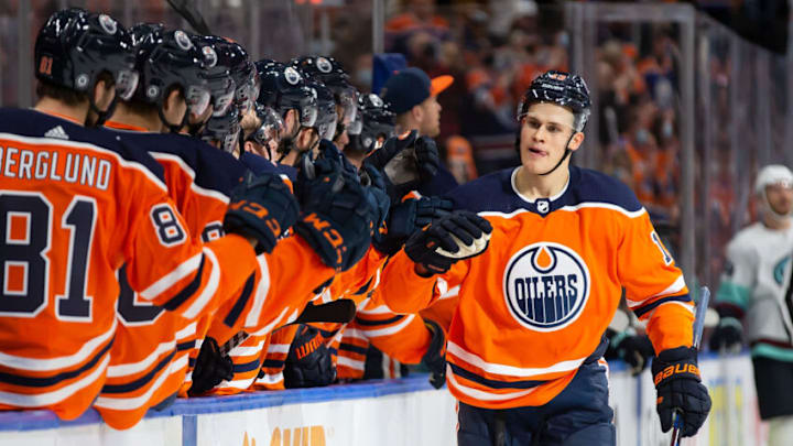 Jesse Puljujarvi #13, Edmonton Oilers (Photo by Codie McLachlan/Getty Images)