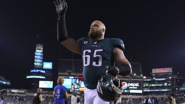PHILADELPHIA, PA - SEPTEMBER 19: Lane Johnson #65 of the Philadelphia Eagles salutes the crowd after the game against the Minnesota Vikings at Lincoln Financial Field on September 19, 2022 in Philadelphia, Pennsylvania. (Photo by Mitchell Leff/Getty Images)