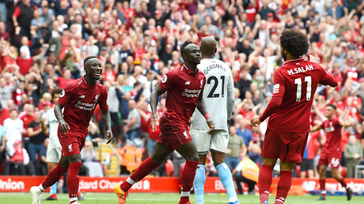 LIVERPOOL, ENGLAND - AUGUST 12: (THE SUN OUT, THE SUN ON SUNDAY OUT) Sadio Mane of Liverpool celebrates the second goal during the Premier League match between Liverpool FC and West Ham United at Anfield on August 12, 2018 in Liverpool, United Kingdom. (Photo by Andrew Powell/Liverpool FC via Getty Images)
