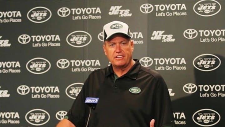 Jun 11, 2013; Florham Park, NJ, USA; New York Jets head coach Rex Ryan speaks to the media before the New York Jets minicamp session at the Atlantic Health Jets Training Center. Mandatory Credit: Ed Mulholland-USA TODAY Sports