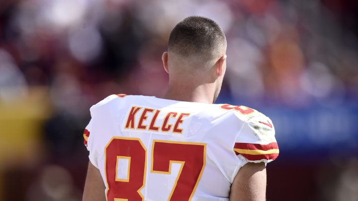 LANDOVER, MARYLAND – OCTOBER 17: Travis Kelce #87 of the Kansas City Chiefs watches the game against the Washington Football Team at FedExField on October 17, 2021 in Landover, Maryland. (Photo by G Fiume/Getty Images)
