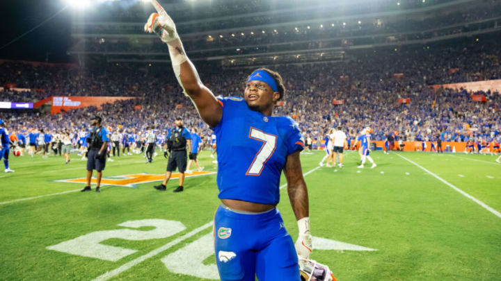 Sep 16, 2023; Gainesville, Florida, USA; Florida Gators running back Trevor Etienne (7) gestures to the crowd at Ben Hill Griffin Stadium after the game against the Tennessee Volunteers. Mandatory Credit: Chris Watkins-USA TODAY Sports