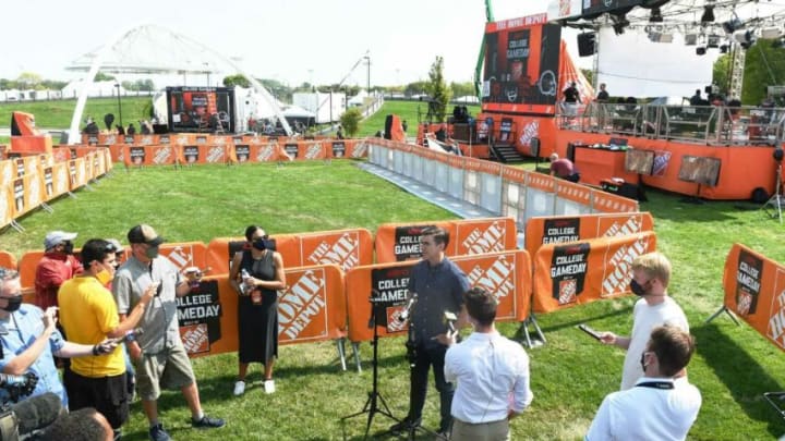 ESPN College Gameday's host Rece Davis answers questions to the media during a press conference at Jack Trice Stadium Parking lot Friday, Sept. 10, 2021, in Ames, Iowa.
