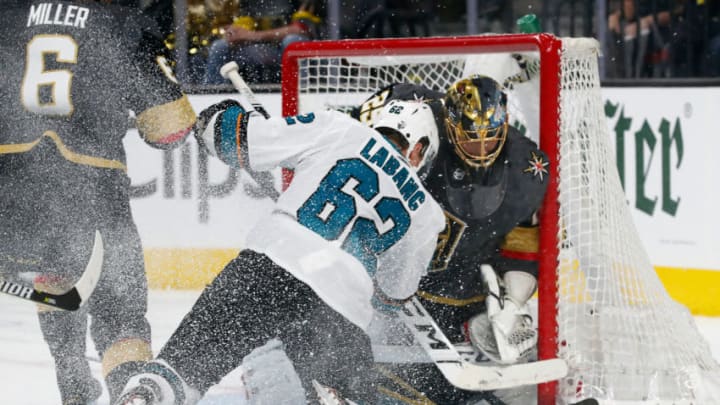 LAS VEGAS, NV - APRIL 14: Kevin Labanc (62) of the San Jose Sharks scores a goal during a Stanley Cup Playoffs first round game between the San Jose Sharks and the Vegas Golden Knights on April 14, 2019 at T-Mobile Arena in Las Vegas, Nevada. (Photo by Jeff Speer/Icon Sportswire via Getty Images)