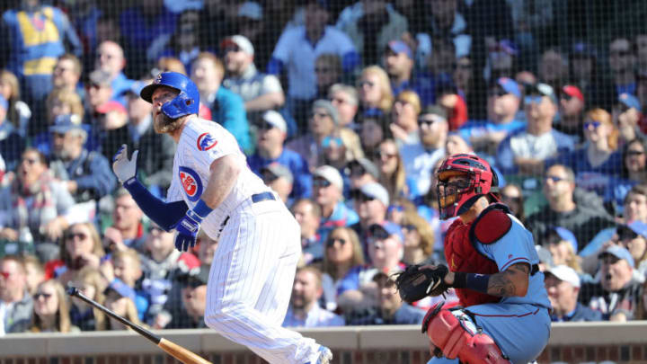 CHICAGO, ILLINOIS - MAY 04: Taylor Davis #53 of the Chicago Cubs hits a grand slam during the fourth inning of a game against the St. Louis Cardinals at Wrigley Field on May 04, 2019 in Chicago, Illinois. (Photo by Nuccio DiNuzzo/Getty Images)