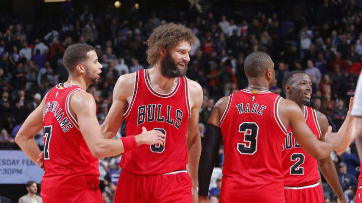 SACRAMENTO, CA - FEBRUARY 6: Michael Carter-Williams #7, Robin Lopez #8, Dwyane Wade #3 and Jerian Grant #2 of the Chicago Bulls face off against the Sacramento Kings on February 6, 2017 at Golden 1 Center in Sacramento, California. NOTE TO USER: User expressly acknowledges and agrees that, by downloading and or using this photograph, User is consenting to the terms and conditions of the Getty Images Agreement. Mandatory Copyright Notice: Copyright 2017 NBAE (Photo by Rocky Widner/NBAE via Getty Images)