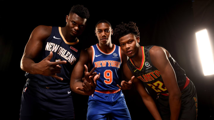 MADISON, NJ – AUGUST 11: Zion Williamson #1 of the New Orleans Pelicans, RJ Barrett #9 of the New York Knicks, Cam Reddish #22 of the Atlanta Hawks pose for a portrait during the 2019 NBA Rookie Photo Shoot on August 11, 2019 at the Fairleigh Dickinson University in Madison, New Jersey. NOTE TO USER: User expressly acknowledges and agrees that, by downloading and or using this photograph, User is consenting to the terms and conditions of the Getty Images License Agreement. Mandatory Copyright Notice: Copyright 2019 NBAE (Photo by Brian Babineau/NBAE via Getty Images)