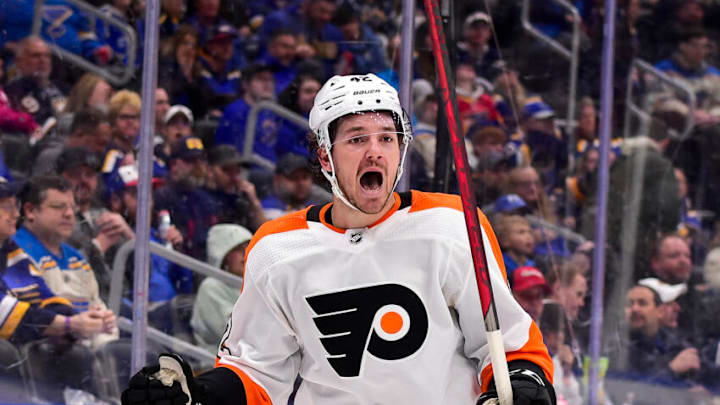 Mar 24, 2022; St. Louis, Missouri, USA; Philadelphia Flyers right wing Hayden Hodgson (42) reacts after scoring his first career NHL goal against the St. Louis Blues during the third period at Enterprise Center. Mandatory Credit: Jeff Curry-USA TODAY Sports