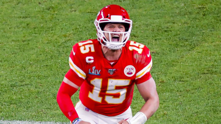 Kansas City Chiefs quarterback Patrick Mahomes (15) reacts during the second half of Super Bowl LIV on Feb. 2, 2020. (David Santiago/Miami Herald/Tribune News Service via Getty Images)