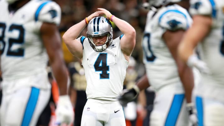 NEW ORLEANS, LOUISIANA – NOVEMBER 24: Joey Slye #4 of the Carolina Panthers reacts after missing a field goal during a NFL game against the New Orleans Saints at the Mercedes Benz Superdome on November 24, 2019 in New Orleans, Louisiana. (Photo by Sean Gardner/Getty Images)