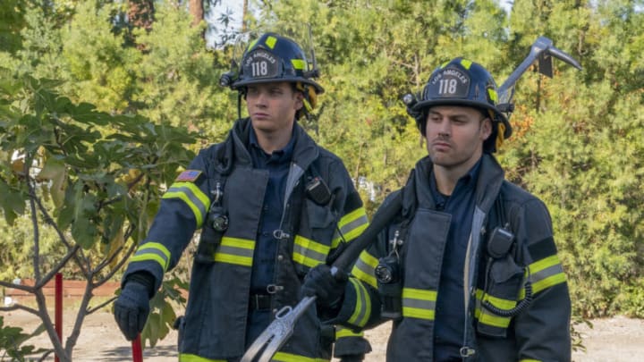 9-1-1: L-R: Oliver Stark and Ryan Guzman in the “Seize The Day” spring premiere episode of 9-1-1 airing Sunday, March 16 (8:00-9:00 PM ET/PT) on FOX. CR: Jack Zeman / FOX. © 2020 FOX MEDIA LLC.