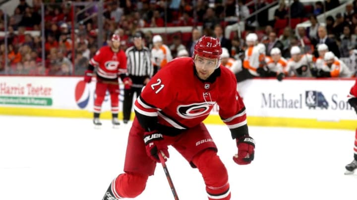 RALEIGH, NC - MARCH 30: Nino Niederreiter #21 of the Carolina Hurricanes skates for position on the ice during an NHL game against the Philadelphia Flyers on March 30, 2019 at PNC Arena in Raleigh, North Carolina. (Photo by Gregg Forwerck/NHLI via Getty Images)