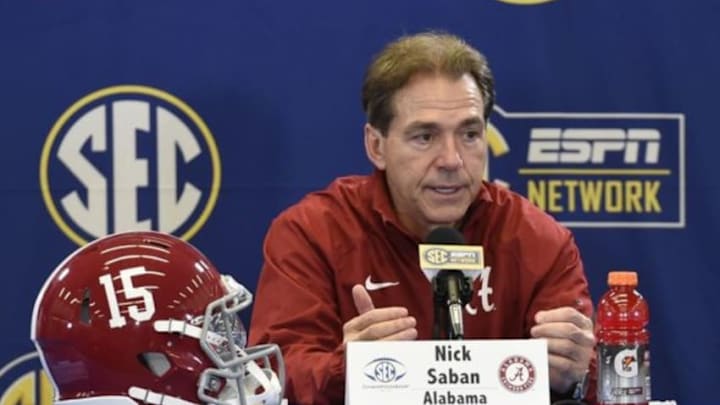 Dec 6, 2014; Atlanta, GA, USA; Alabama Crimson Tide head coach Nick Saban during a press conference after the 2014 SEC Championship Game at the Georgia Dome. Alabama defeated Missouri 42-13. Mandatory Credit: Dale Zanine-USA TODAY Sports