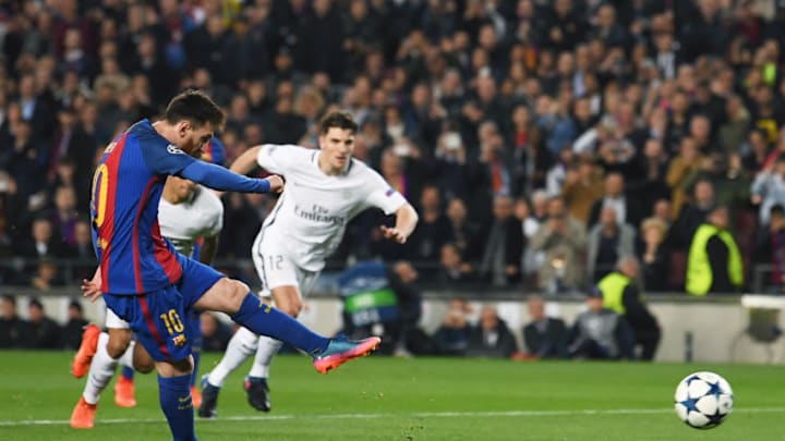 BARCELONA, SPAIN - MARCH 08: Lionel Messi of Barcelona scores their third goal from a penalty during the UEFA Champions League Round of 16 second leg match between FC Barcelona and Paris Saint-Germain at Camp Nou on March 8, 2017 in Barcelona, Spain. (Photo by Laurence Griffiths/Getty Images)