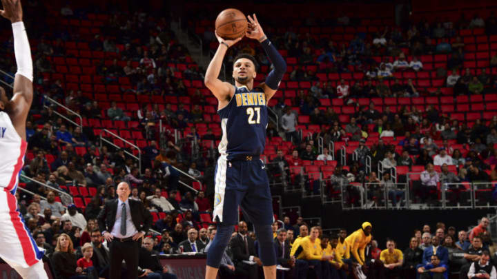 DETROIT, MI - DECEMBER 12: Jamal Murray #27 of the Denver Nuggets shoots the ball against the Detroit Pistons on December 12, 2017 at Little Caesars Arena in Detroit, Michigan. NOTE TO USER: User expressly acknowledges and agrees that, by downloading and/or using this photograph, User is consenting to the terms and conditions of the Getty Images License Agreement. Mandatory Copyright Notice: Copyright 2017 NBAE (Photo by Chris Schwegler/NBAE via Getty Images)