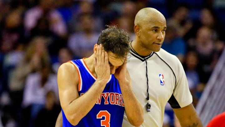 Mar 28, 2016; New Orleans, LA, USA; New York Knicks guard Jose Calderon (3) reacts against the New Orleans Pelicans during the second half of a game at the Smoothie King Center. The Pelicans defeated the Knicks 99-91. Mandatory Credit: Derick E. Hingle-USA TODAY Sports