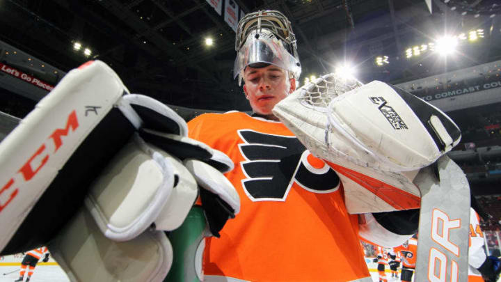 PHILADELPHIA, PA - APRIL 06: Carter Hart #79 of the Philadelphia Flyers looks on during warm-ups against the Carolina Hurricanes on April 6, 2019 at the Wells Fargo Center in Philadelphia, Pennsylvania. Tonight, is Friedman's NHL debut. (Photo by Len Redkoles/NHLI via Getty Images)