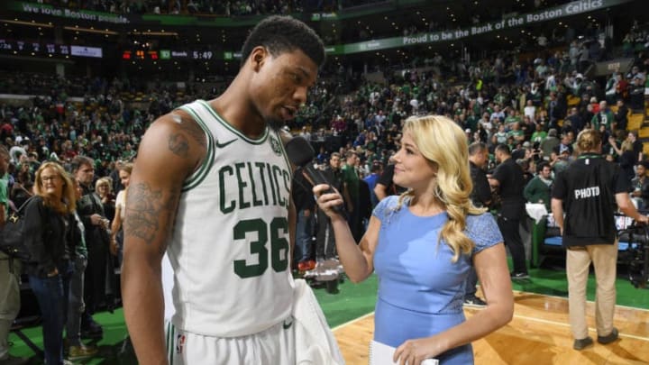 BOSTON, MA - MAY 13: Marcus Smart #36 of the Boston Celtics talks with the media after Game One of the Eastern Conference Finals of the 2018 NBA Playoffs against the Cleveland Cavaliers on May 13, 2018 at the TD Garden in Boston, Massachusetts. NOTE TO USER: User expressly acknowledges and agrees that, by downloading and or using this photograph, User is consenting to the terms and conditions of the Getty Images License Agreement. Mandatory Copyright Notice: Copyright 2018 NBAE (Photo by Brian Babineau/NBAE via Getty Images)