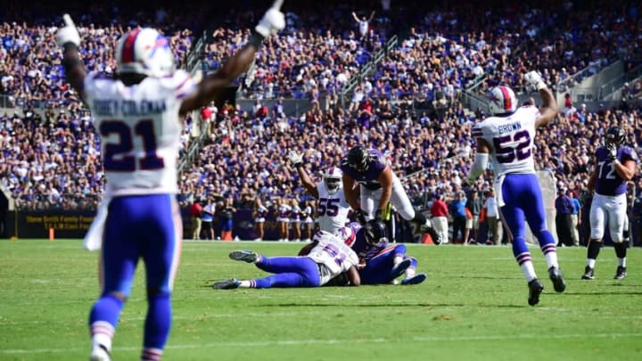 Sep 11, 2016; Baltimore, MD, USA; Buffalo Bills defense reacts after sacking Baltimore Ravens quarterback Joe Flacco (5) during the second half at M&T Bank Stadium. The Ravens won 13-7. Mandatory Credit: Tommy Gilligan-USA TODAY Sports