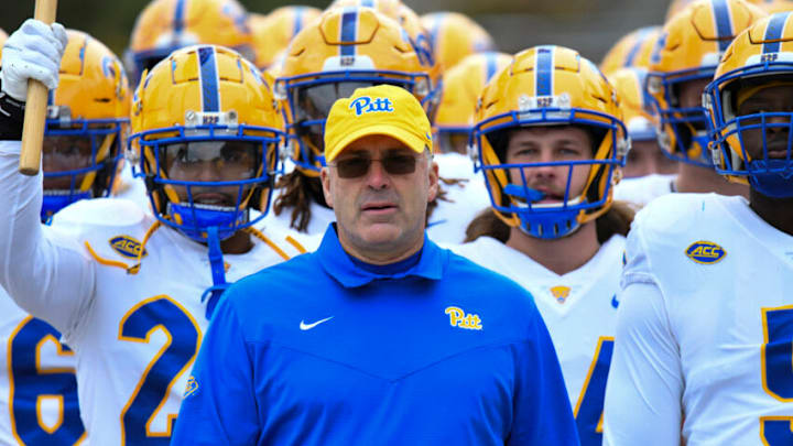 Nov 6, 2021; Durham, North Carolina, USA; Pittsburgh Panthers head coach Pat Narduzzi leads the team onto the field prior to the first quarter at Wallace Wade Stadium. Mandatory Credit: William Howard-USA TODAY Sports