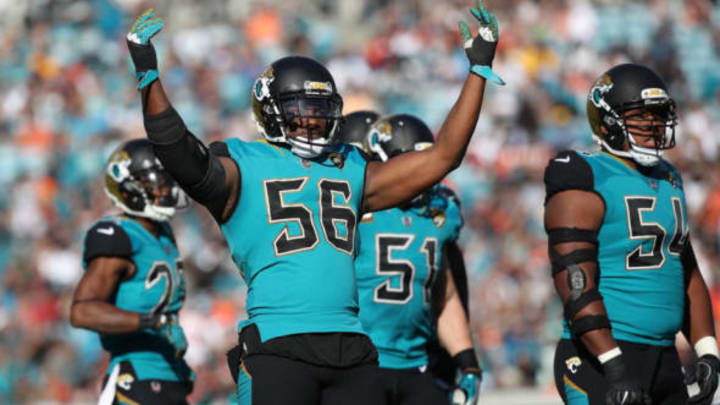 JACKSONVILLE, FL – NOVEMBER 05: Dante Fo wler #56 of the Jacksonville Jaguars celebrates a play on the field in the second half of their game against the Cincinnati Bengals at EverBank Field on November 5, 2017 in Jacksonville, Florida. (Photo by Logan Bowles/Getty Images)