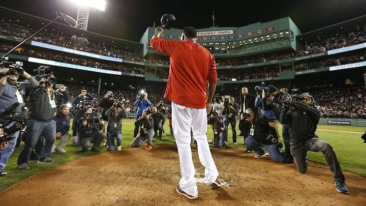 Oct 10, 2016; Boston, MA, USA; Boston Red Sox designated hitter David Ortiz (34) salutes the fans after loosing to the Cleveland Indians 3-4 in game three of the 2016 ALDS playoff baseball series at Fenway Park. Mandatory Credit: Greg M. Cooper-USA TODAY Sports